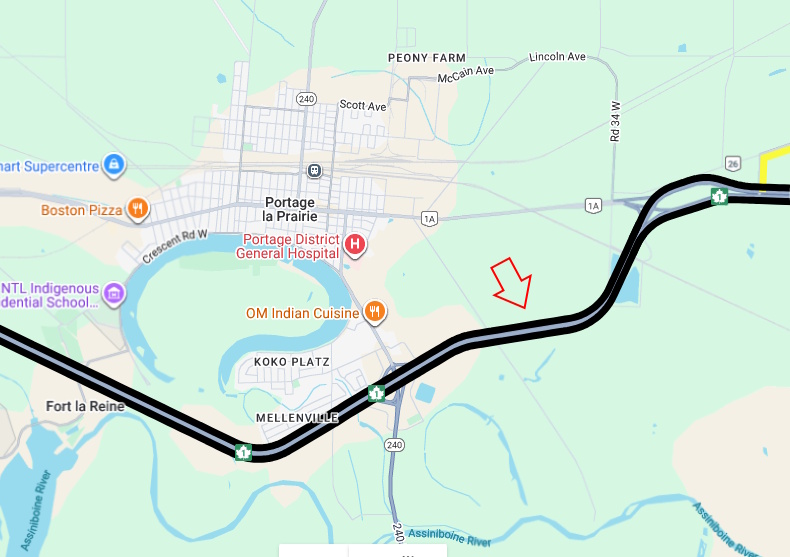 A map shows the area east of Angle Road where a transport truck is blocking one westbound lane of Highway 1 near Portage la Prairie.